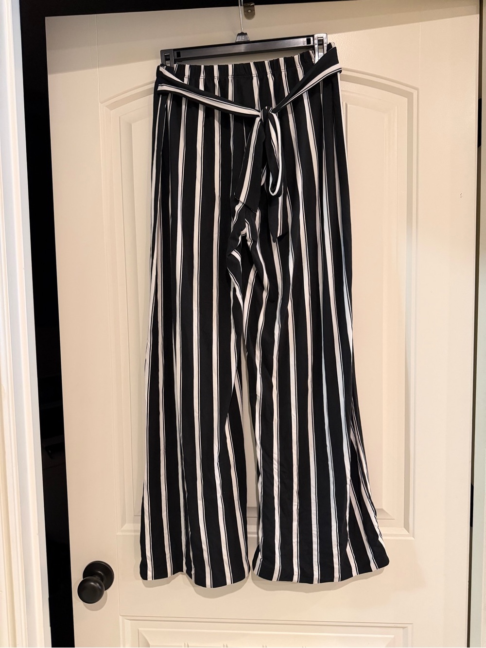 Black & White Striped Wide-Leg Pants with Waist Tie